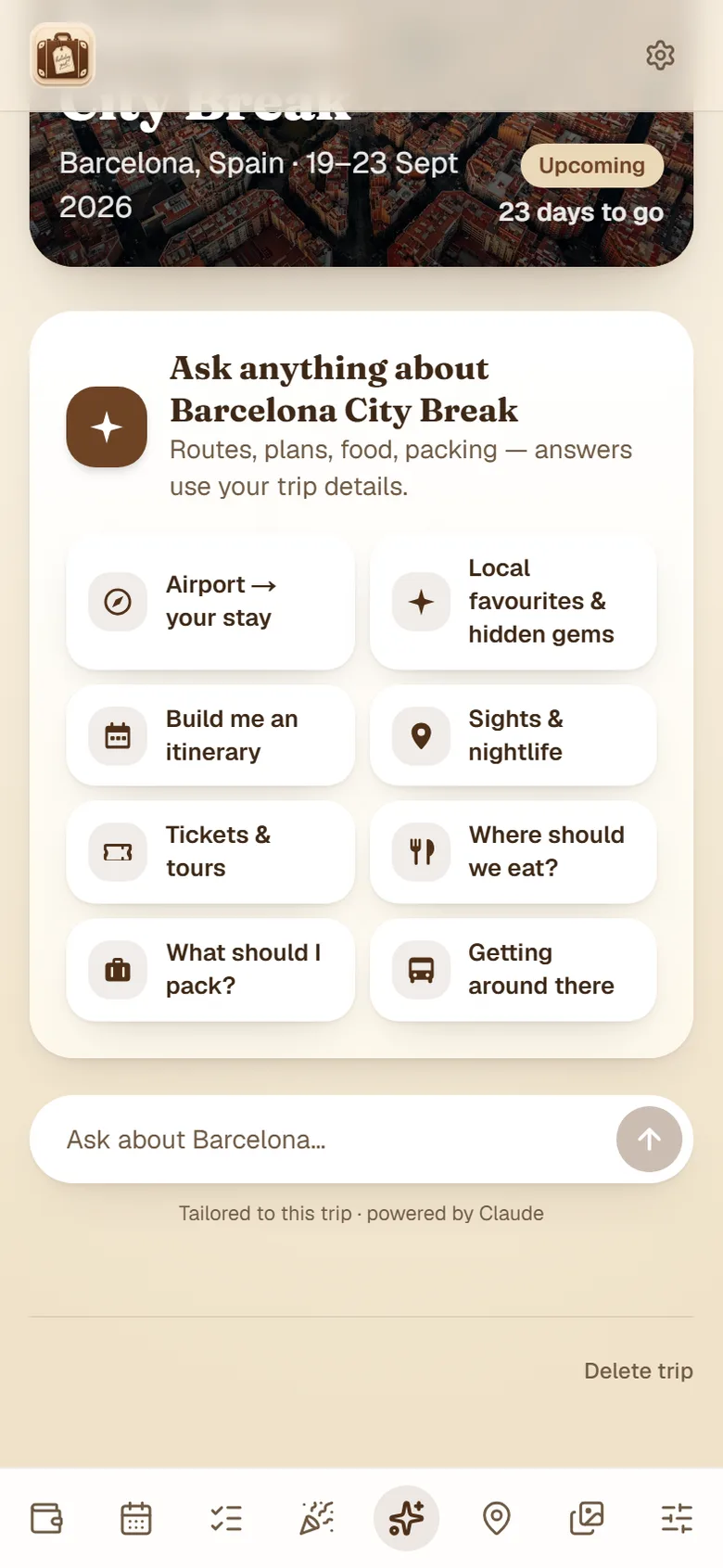 HolidayPal's AI trip assistant with suggestion prompts for itineraries, local favourites, sights, food and packing for a Barcelona trip