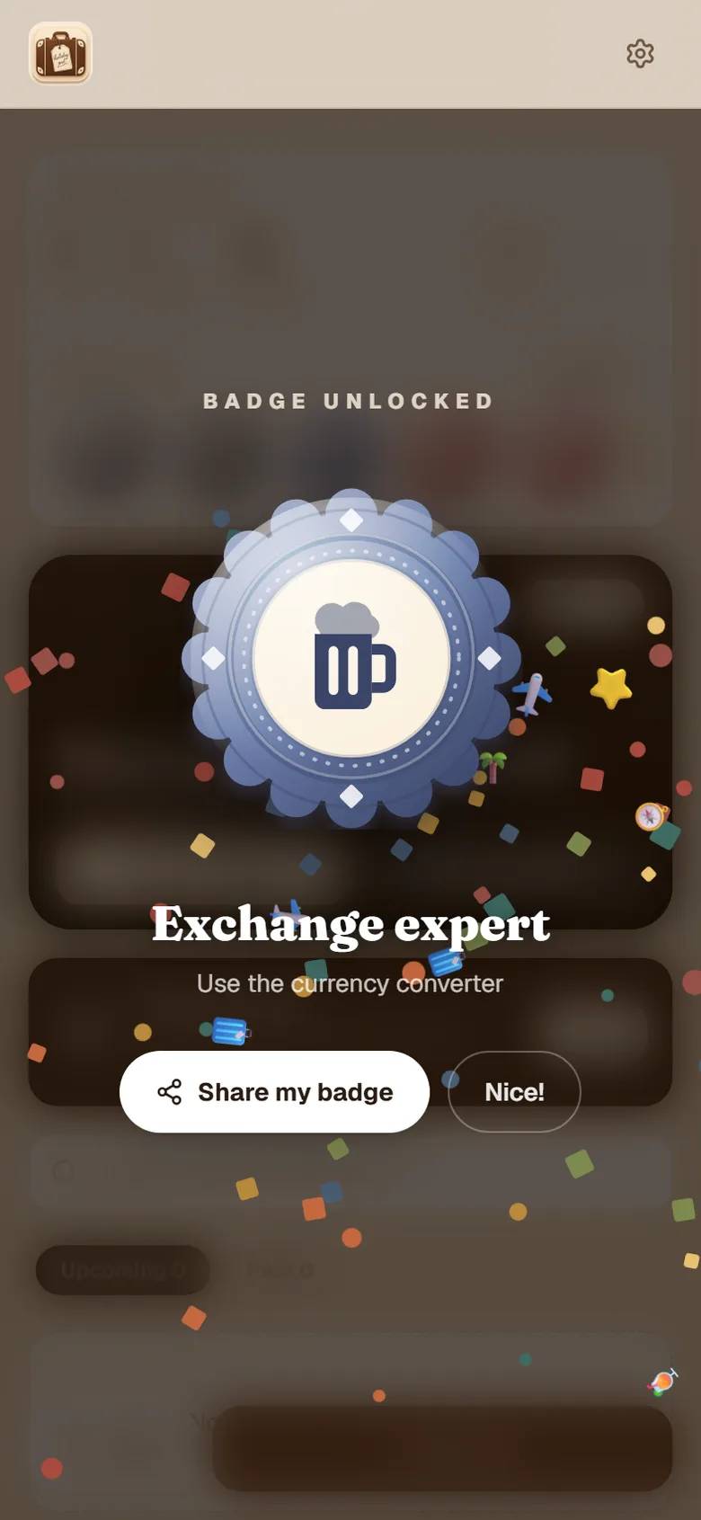 A HolidayPal travel badge being unlocked with a confetti celebration