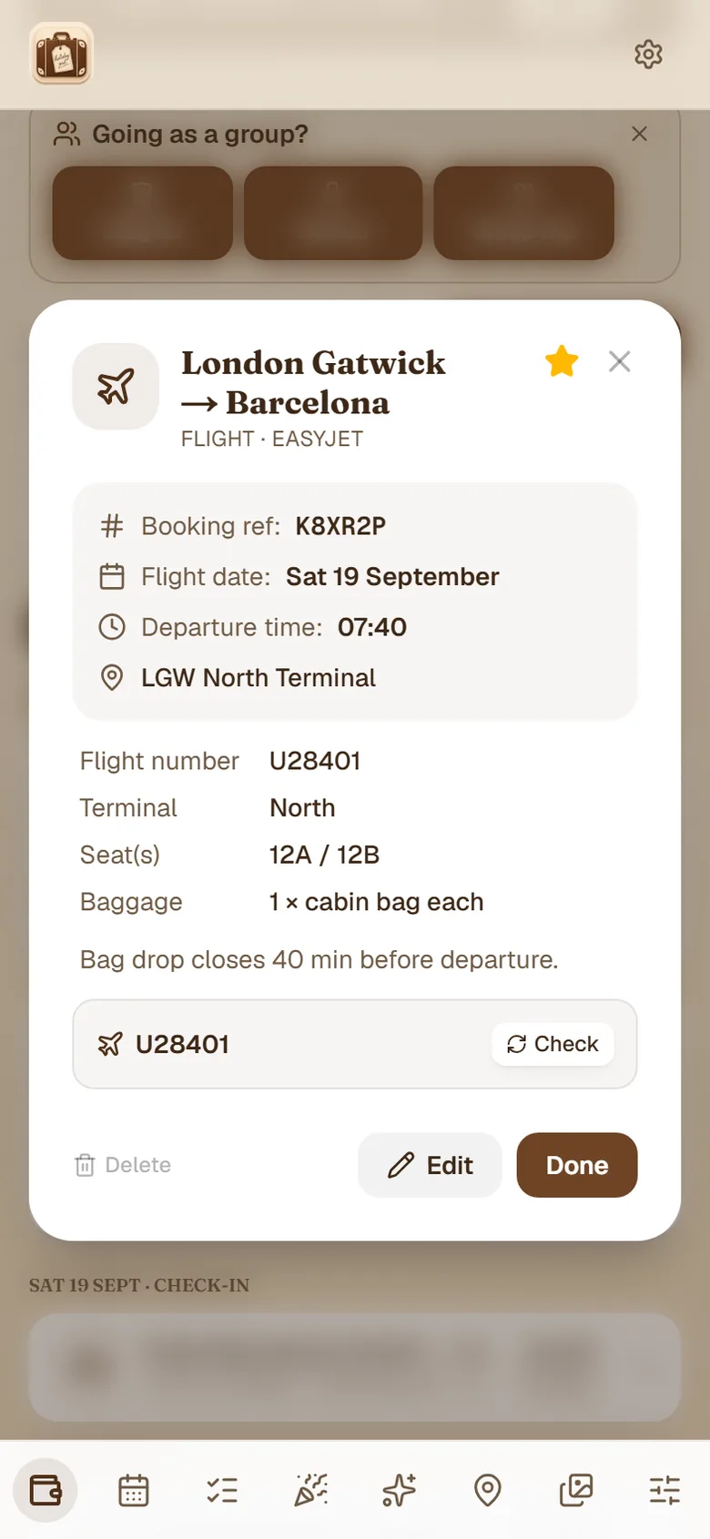 A flight booking open in HolidayPal showing the booking reference, flight number, seats and baggage details