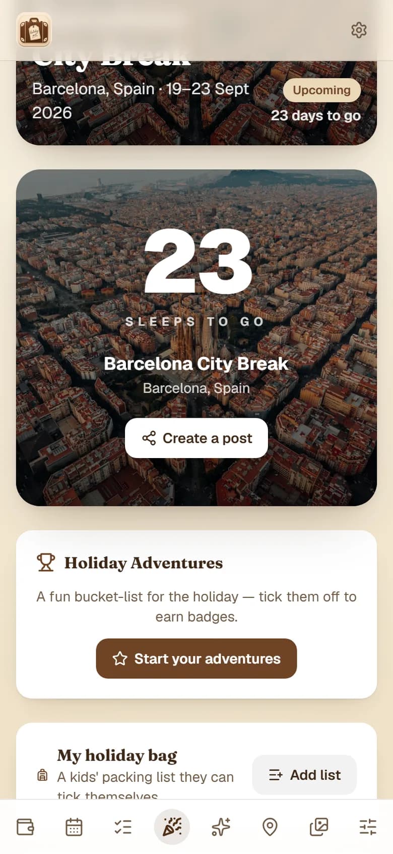 HolidayPal's holiday countdown showing days to go and a bucket list of holiday adventures
