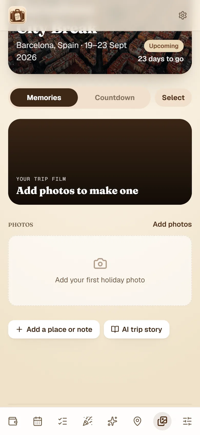 HolidayPal's Highlights tab for saving and building a trip photo film