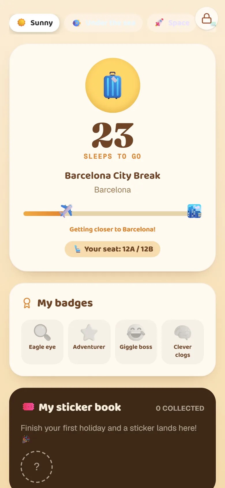 HolidayPal Kids Mode showing a holiday countdown, theme picker and a child's collected badges