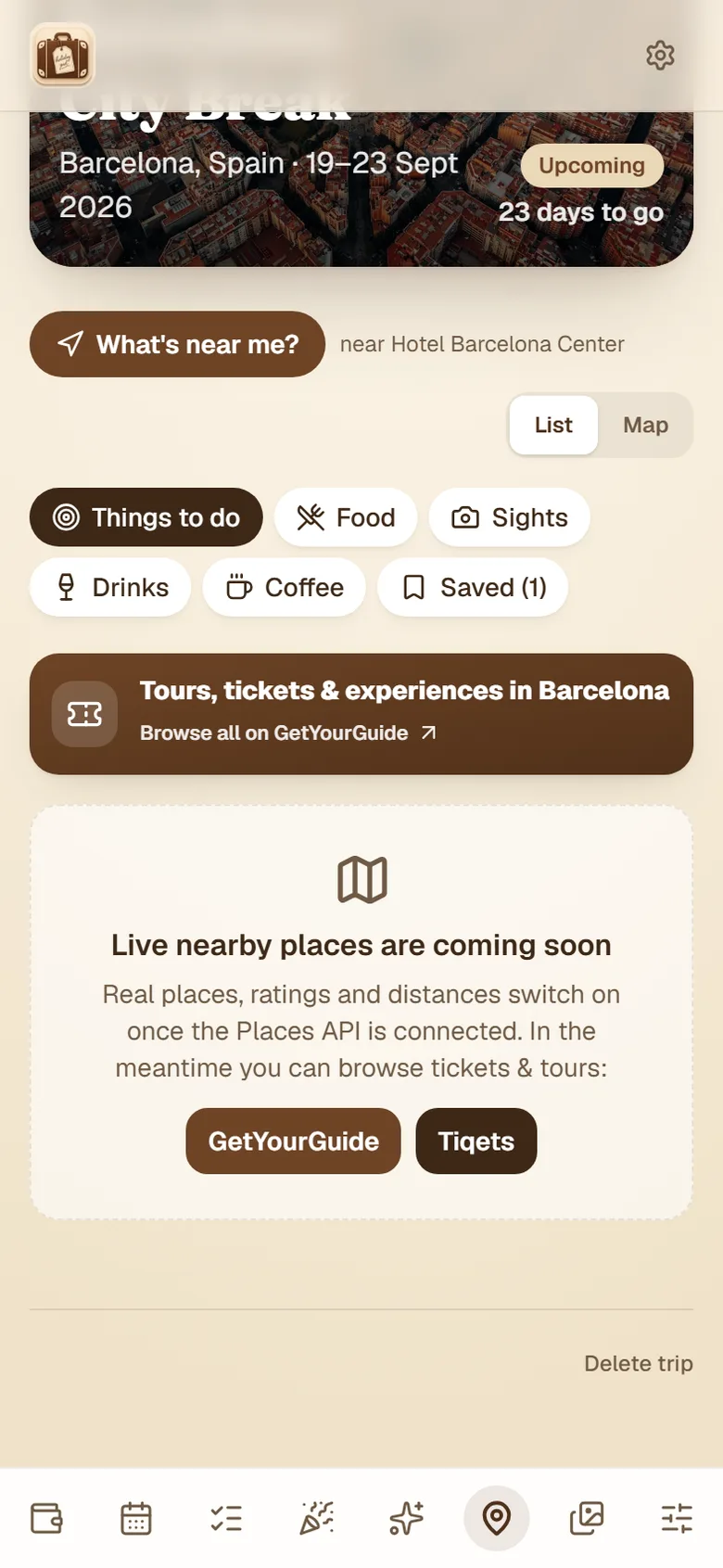 HolidayPal's Nearby tab for finding restaurants, bars and things to do around your trip, with tours and tickets