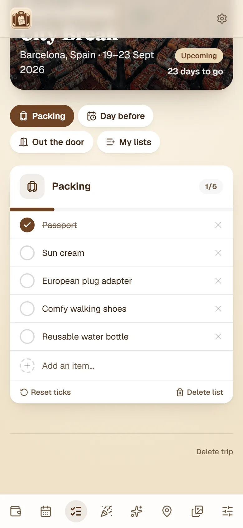 A HolidayPal packing checklist with items ticked off for an upcoming trip
