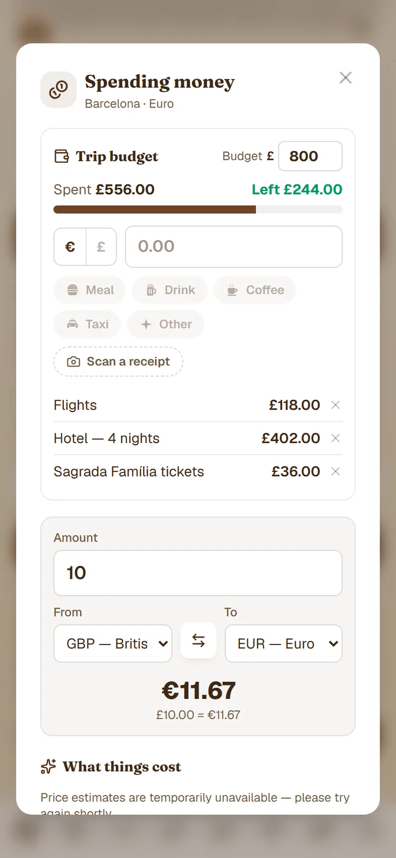 HolidayPal's spending tracker showing a trip budget, itemised costs and a live currency converter