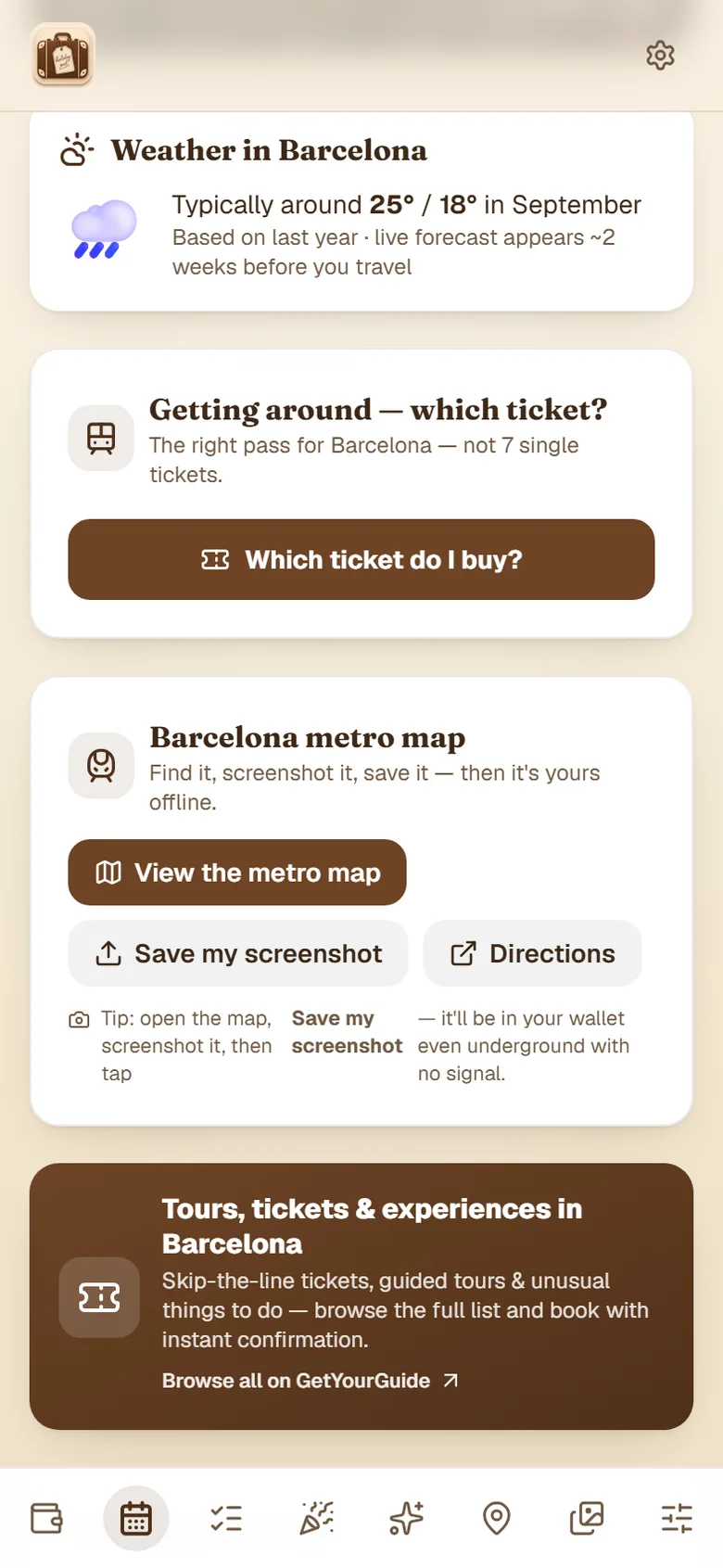HolidayPal's Plan tab showing local weather and getting-around tips for a trip to Barcelona