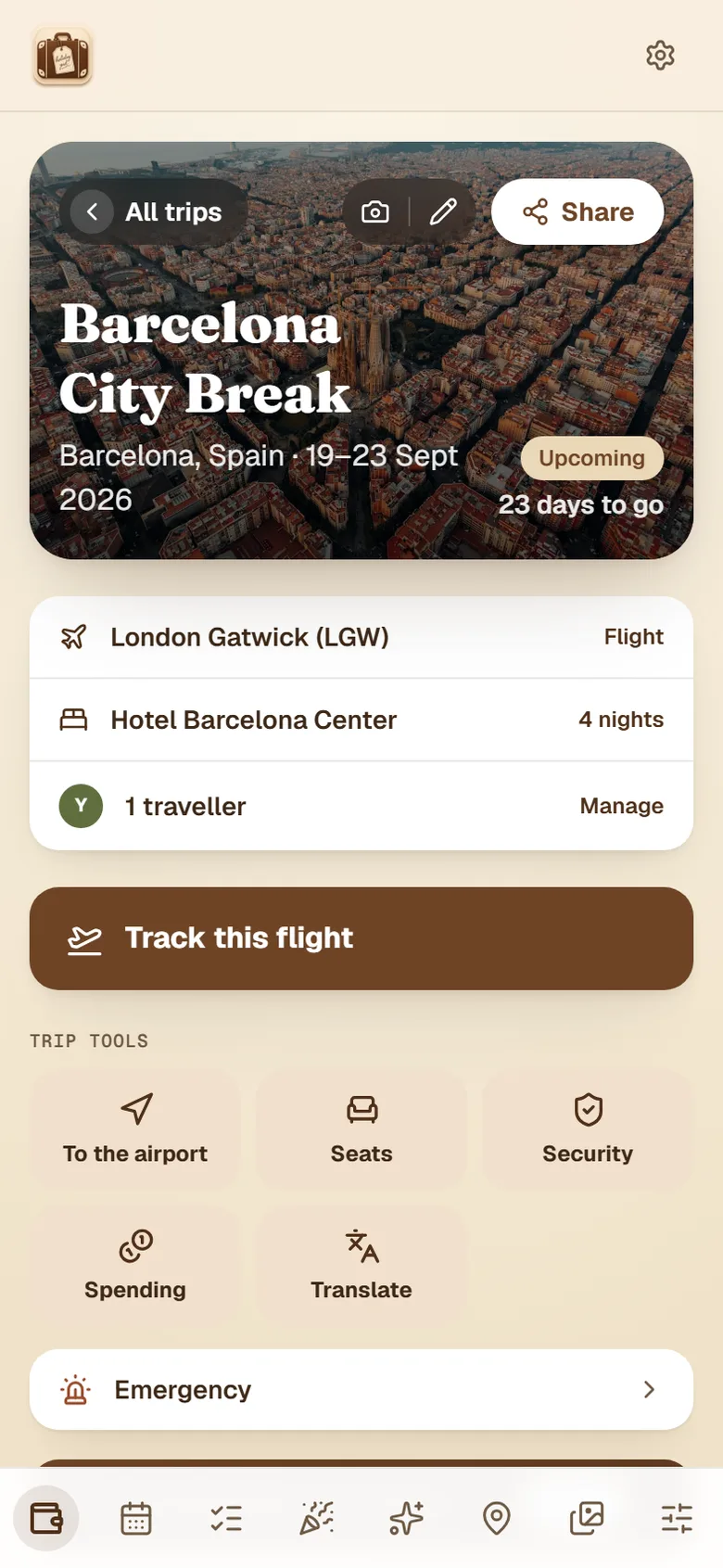 A HolidayPal trip dashboard with the flight, hotel and traveller in one wallet, plus trip tools for seats, spending and security