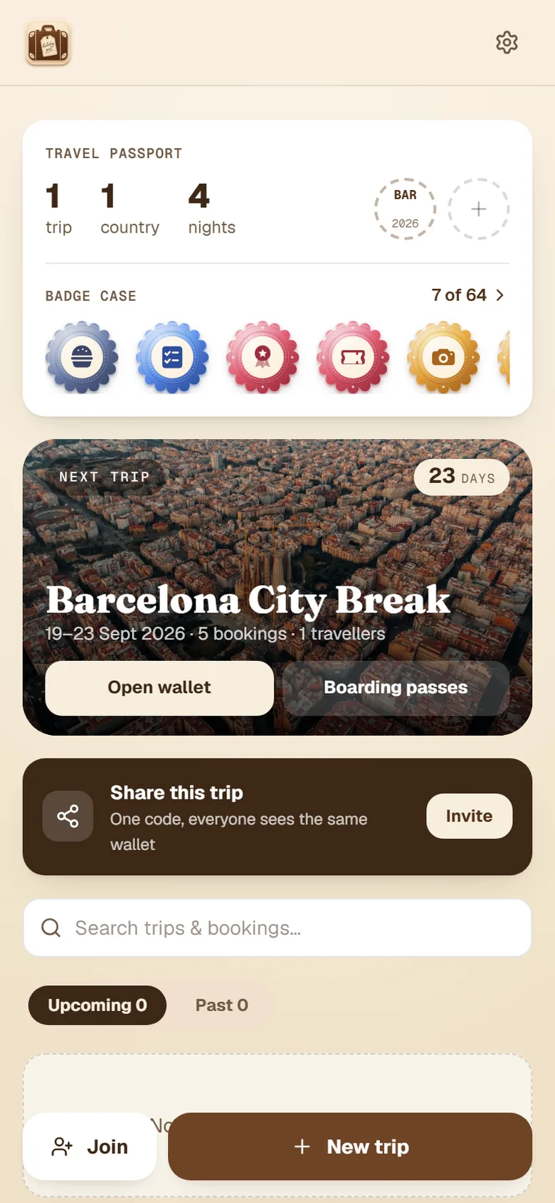 HolidayPal Trips Home showing a travel passport summary, badge case and an upcoming Barcelona trip card